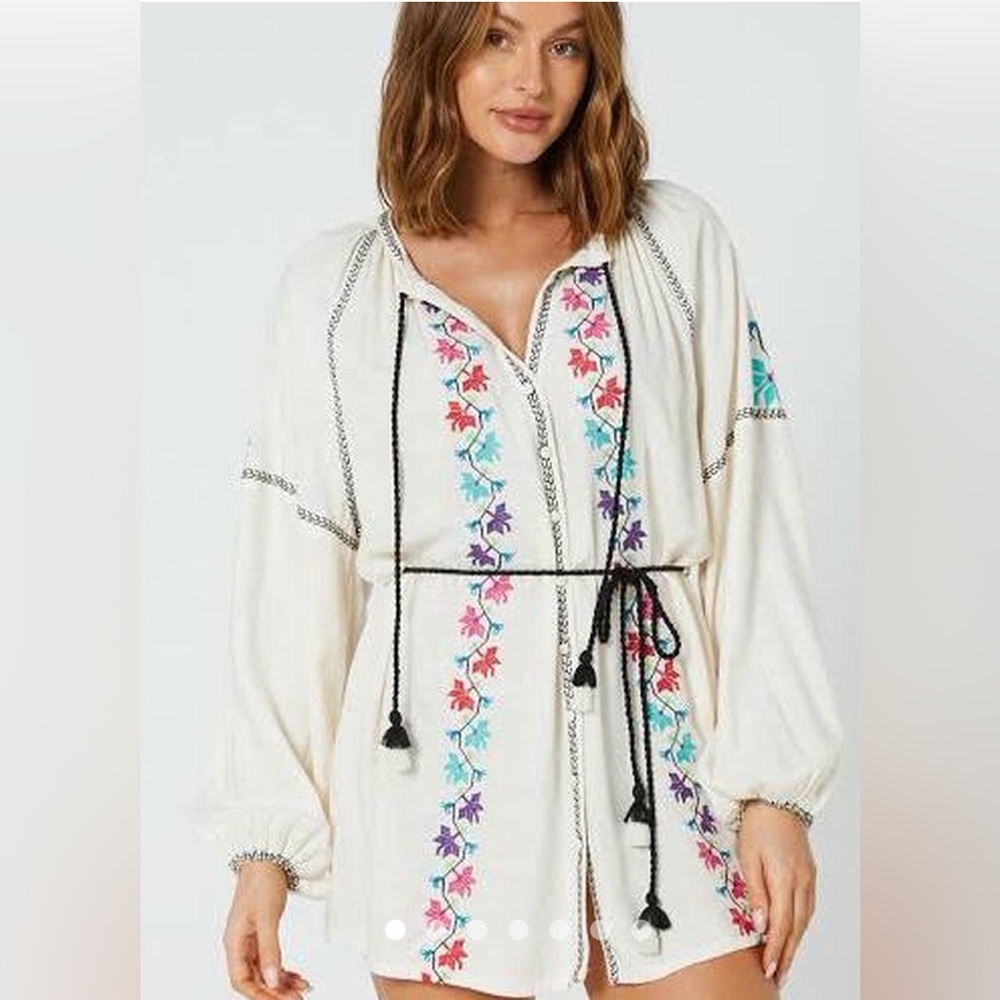 Tigerlily Frida Dulari Mini Tunic Multicolor Embroidered Tie Dress Puff Sleeve 6